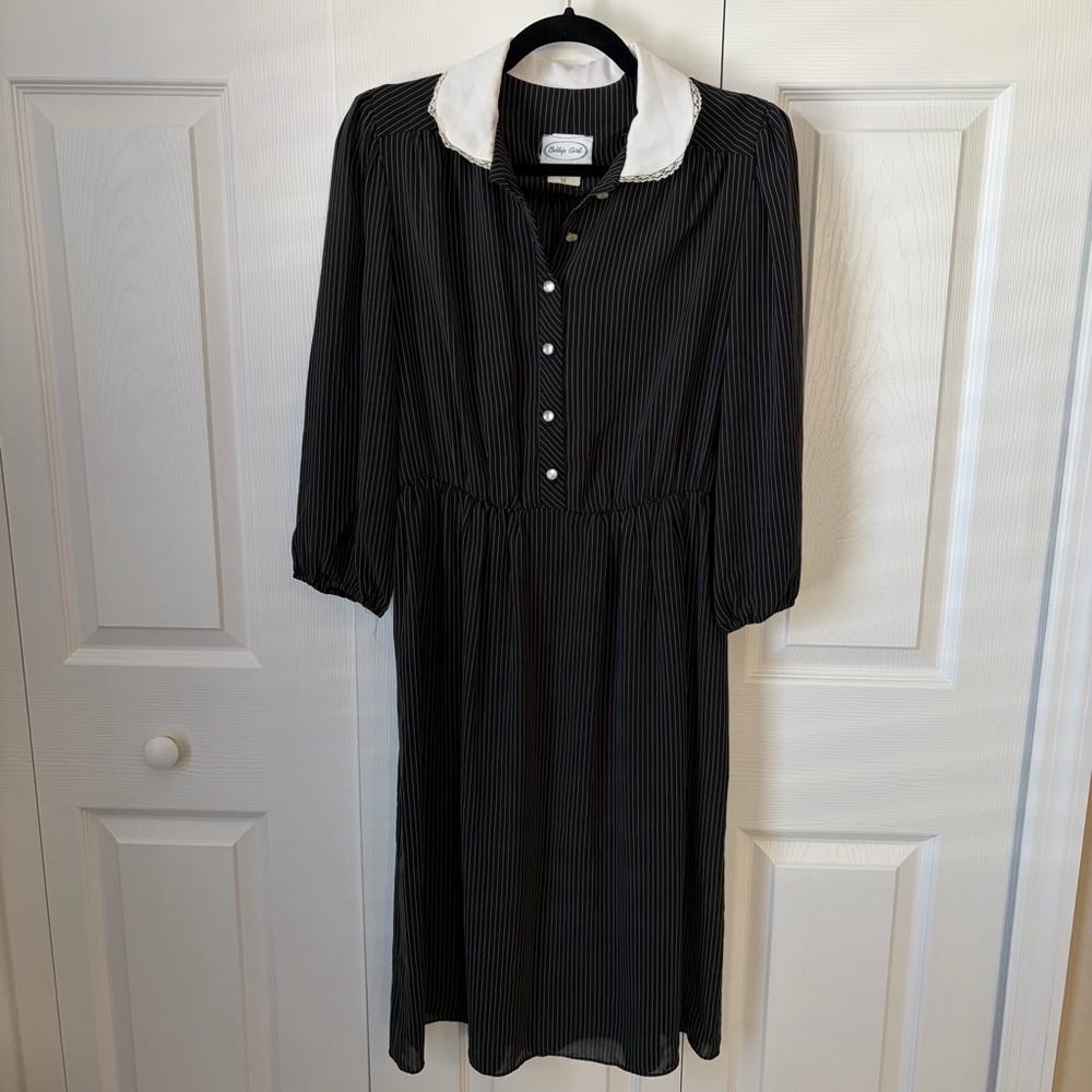 Vintage black and white pinstripe midi shirt dress